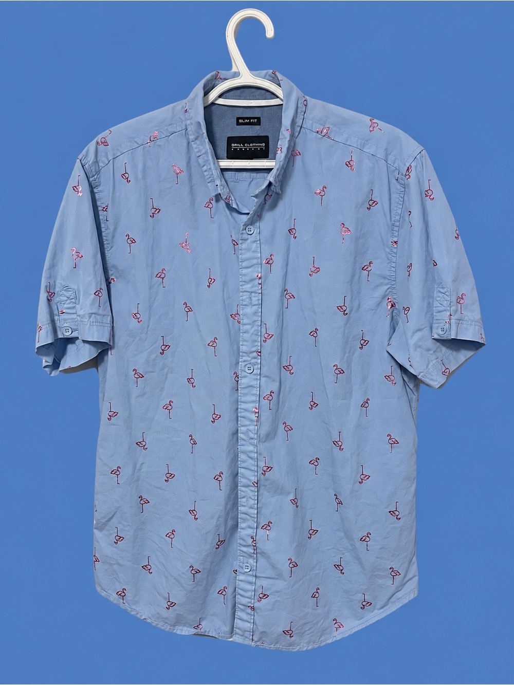 Short-Sleeve Blue Button-Down Shirt with Pink Flamingo Print